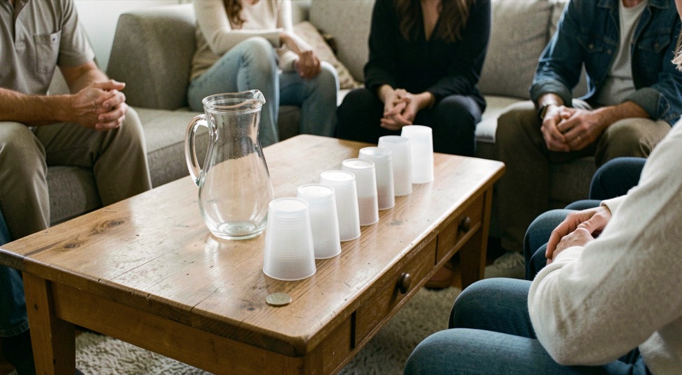 A glass pitcher and a row of plastic cups on a low coffee table, four people seated around it on sofas, a coin resting on the table edge