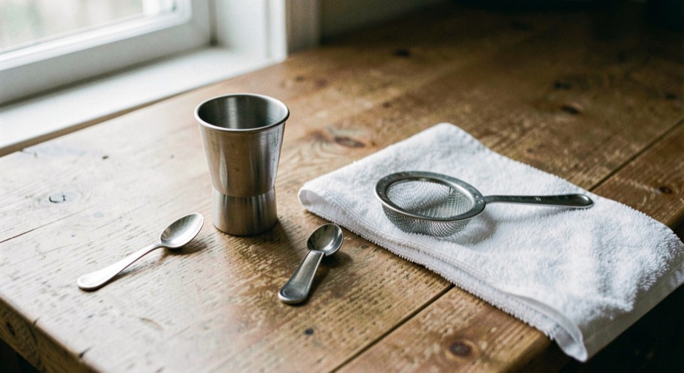 A jigger, a bar spoon and a hawthorne strainer laid out on an oak counter beside a folded bar towel, top down, soft window light from the left