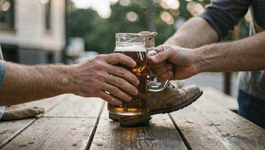 A glass boot of beer being handed from one person to another across a wooden table, both pairs of hands on the leg, toe pointing to the side, evening light