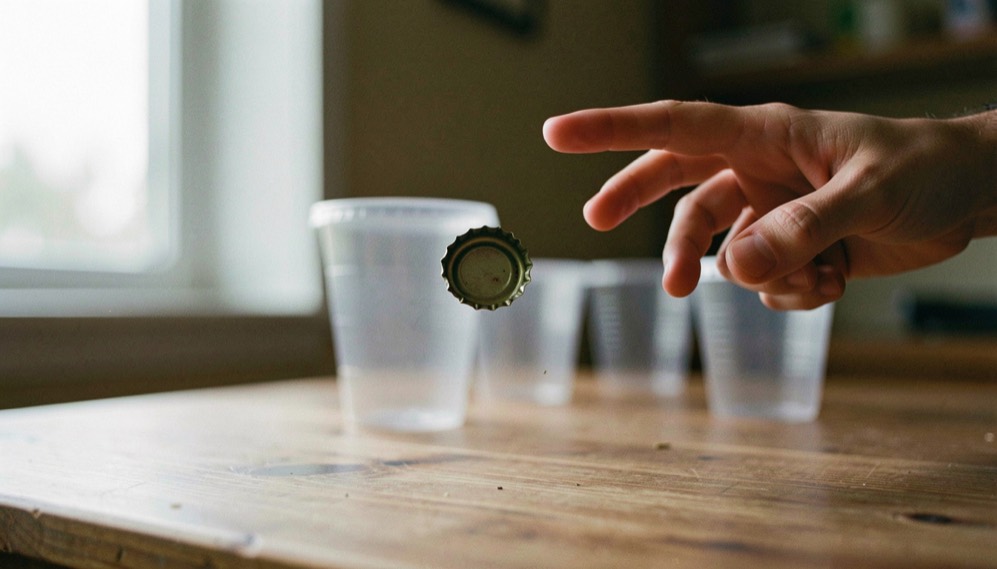 A bottle cap caught in mid air just above a wooden table with a finger still extended from the flick, plastic cups blurred in the background, side light from a window