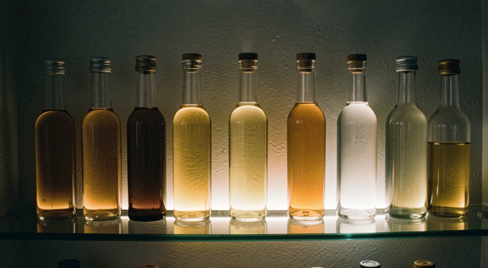 Spirit bottles standing on a glass shelf lit from below, warm light passing up through the liquid, the wall behind them dark, shot straight on from a seated height
