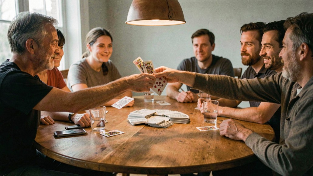 A hand dealing playing cards one at a time around a round wooden table to five seated players, cards mid air, glasses pushed to the outside edge, warm pendant light