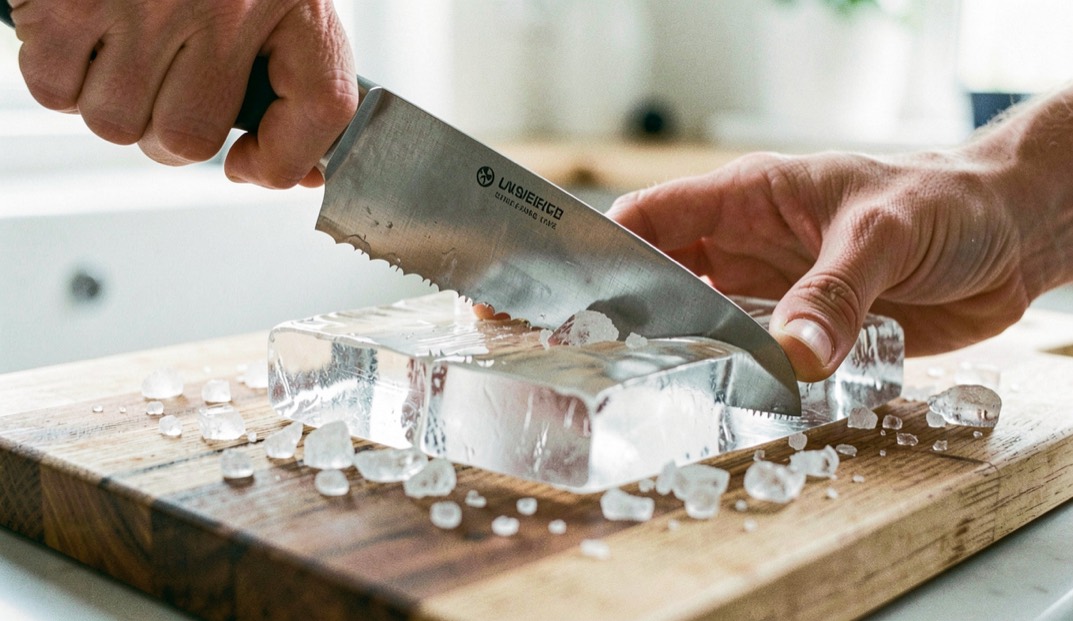 A serrated bread knife scoring a thick clear slab of ice on a wooden board, one hand steadying the slab, chips of ice on the board, bright kitchen light