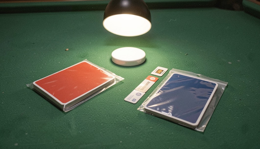 A white dealer button and two sealed decks of plastic cards with red and blue backs lying on green felt beside a cut card, overhead light