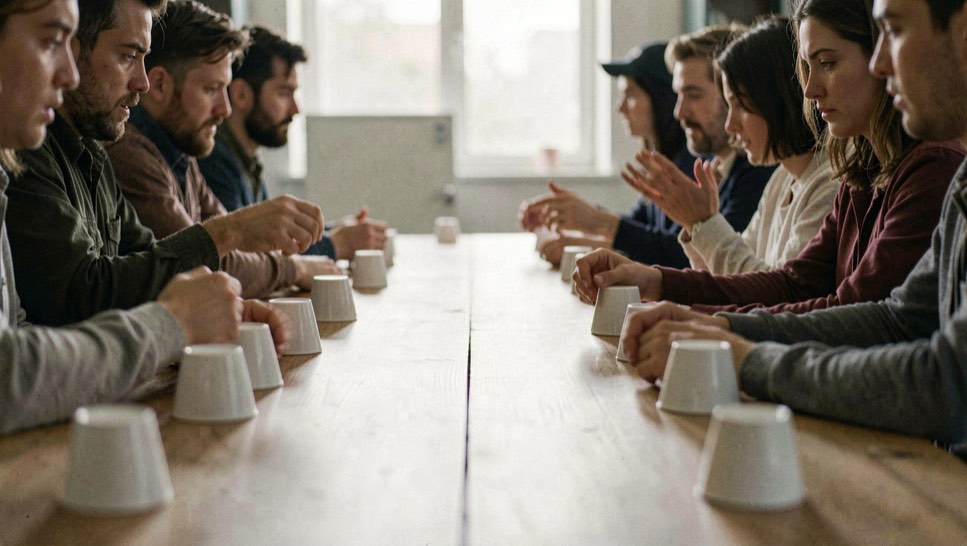 Two rows of people facing each other across a long table, cups upside down at the edge, one person mid flick, motion blur on the hands