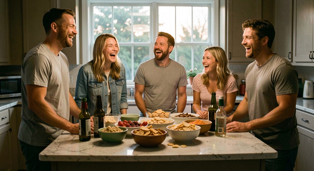 Six friends standing around a kitchen island covered with bowls of snacks and open bottles, laughing, evening light through the window behind them