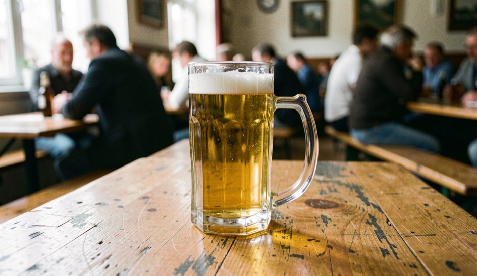 A two litre glass drinking boot full of pale beer standing on a scarred wooden table in a beer hall, benches and a crowd blurred behind it