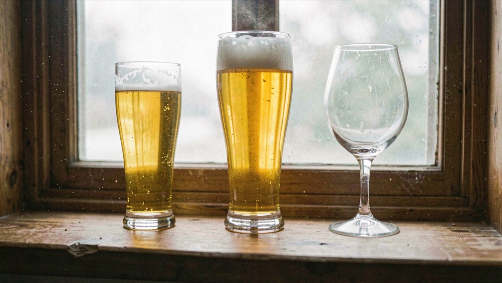 A wooden shelf holding a pilsner glass, a tall wheat beer glass and a stemmed tulip glass side by side, backlit by a window, dust visible in the air