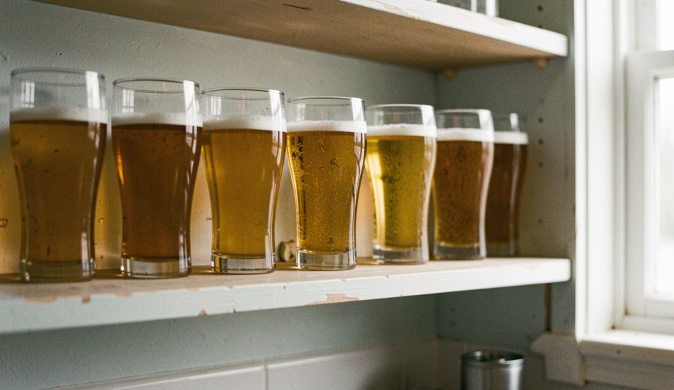 Beer glasses standing upright in two rows on a painted open shelf in a kitchen, evenly spaced, soft light from a window to the right