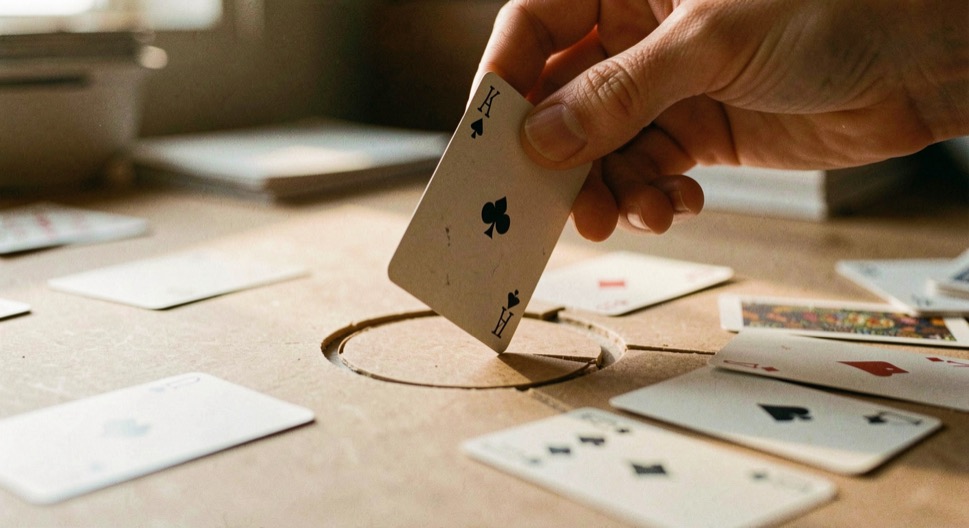 A hand lifting a single playing card vertically out of a thinned ring of cards on a table, other cards visibly separated by small gaps, tense close crop under warm light