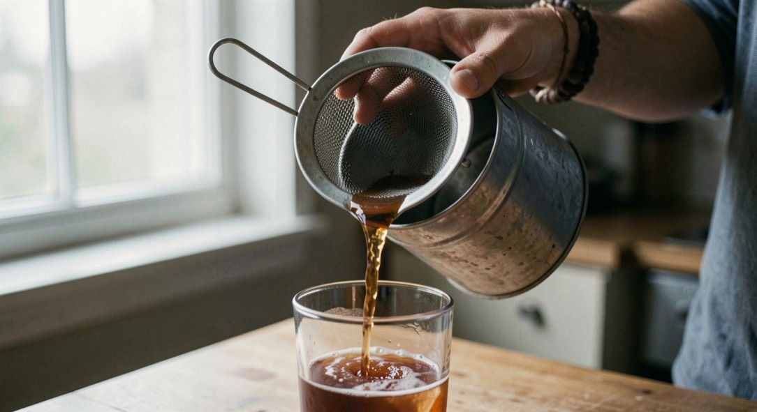 A hand holding a hawthorne strainer against the rim of a steel shaking tin while a drink pours into a glass below, close crop, cool daylight from a window