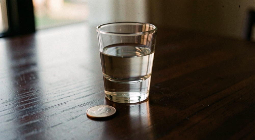 A thick based shot glass half full of clear liquid standing on a dark lacquered table with a coin lying beside it, low warm light and a soft reflection in the wood