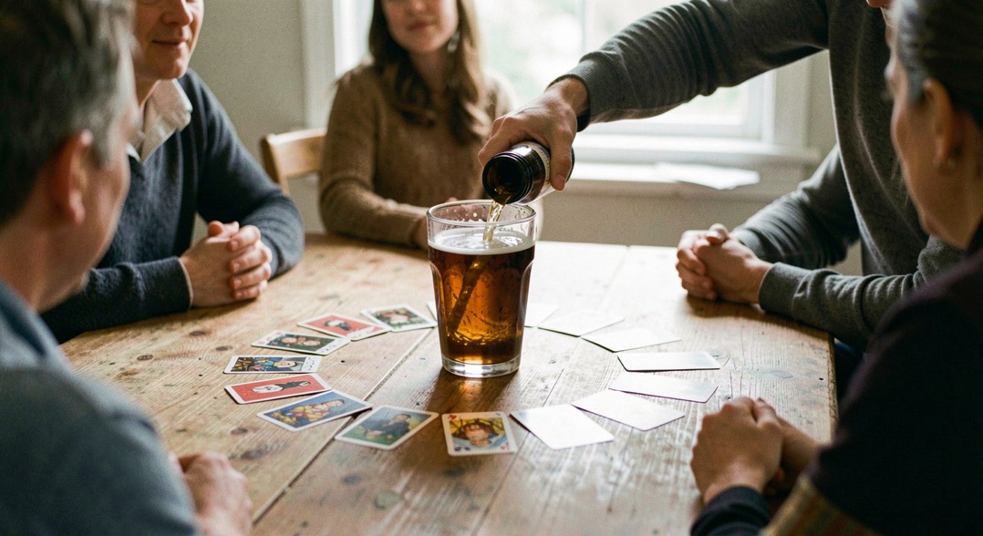 A hand tipping a bottle into a heavy tumbler at the centre of a table, cards laid in a ring around the base, other players watching from the edge of the frame