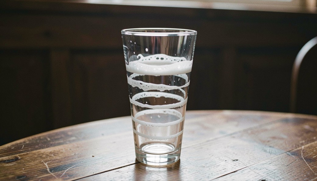 An empty pint glass on a pub table photographed against the light, five distinct rings of dried foam down the inside wall, dark wood behind
