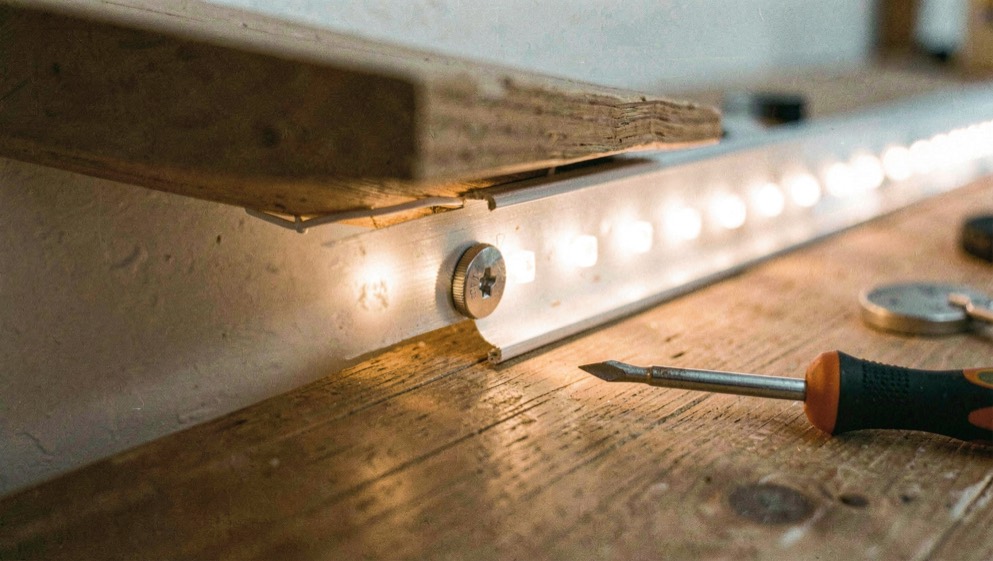 Close up of an aluminium channel holding an LED strip screwed to the underside of a wooden shelf, frosted diffuser glowing warm, screwdriver resting alongside