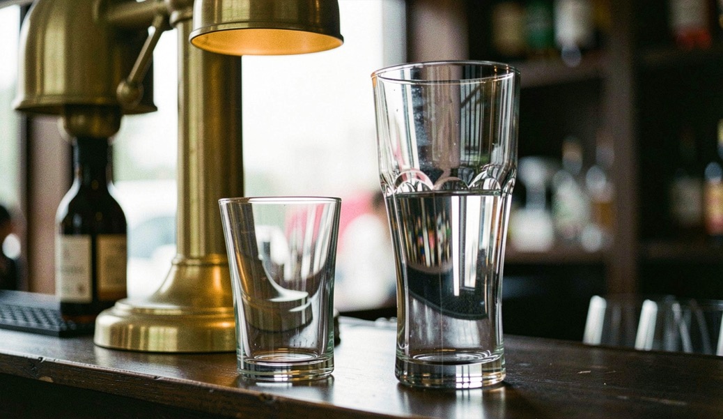 Two glass drinking boots of different sizes standing on a dark bar shelf, brass lamp reflected in the curve of the taller one