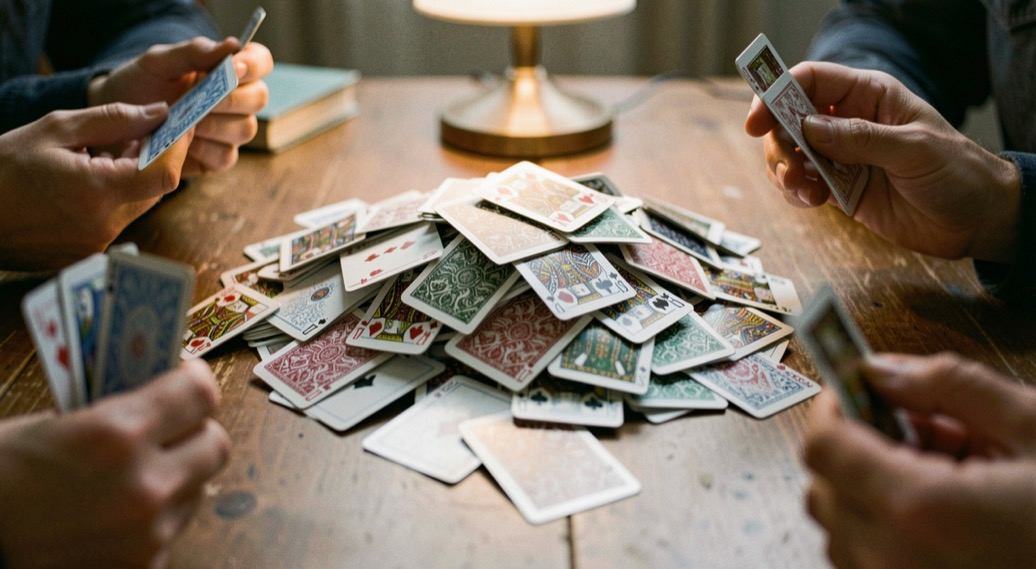 A messy pile of face up played cards heaped in the centre of a table with a pair of kings on top, hands of cards held at the edges of the frame, low lamp light