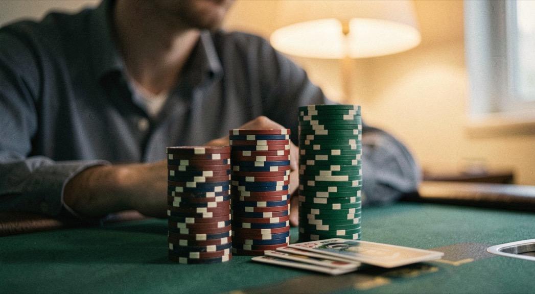 Three neat columns of poker chips in front of a seated player with two cards tucked beneath the shortest stack, shallow depth of field, warm lamp above