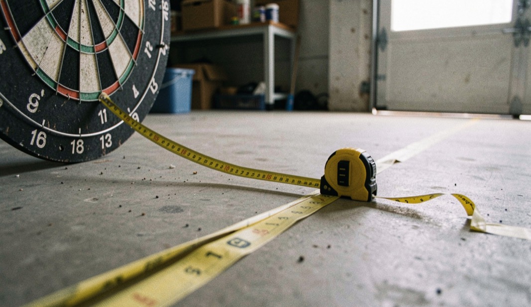 A yellow tape measure stretched from the face of a dartboard down to a strip of tape on a concrete floor, board at eye level, garage lit from the side
