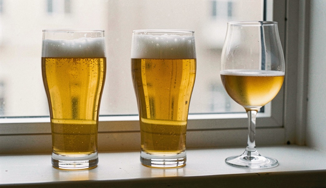 Three empty beer glasses lined up on a windowsill, a straight pilsner, a nonic pint and a stemmed tulip, flat daylight showing their profiles